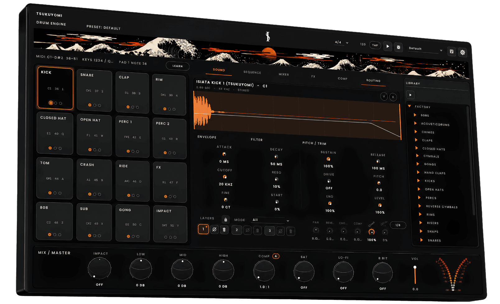 Tsukuyomi Drum Engine interface for shaping individual drum hits