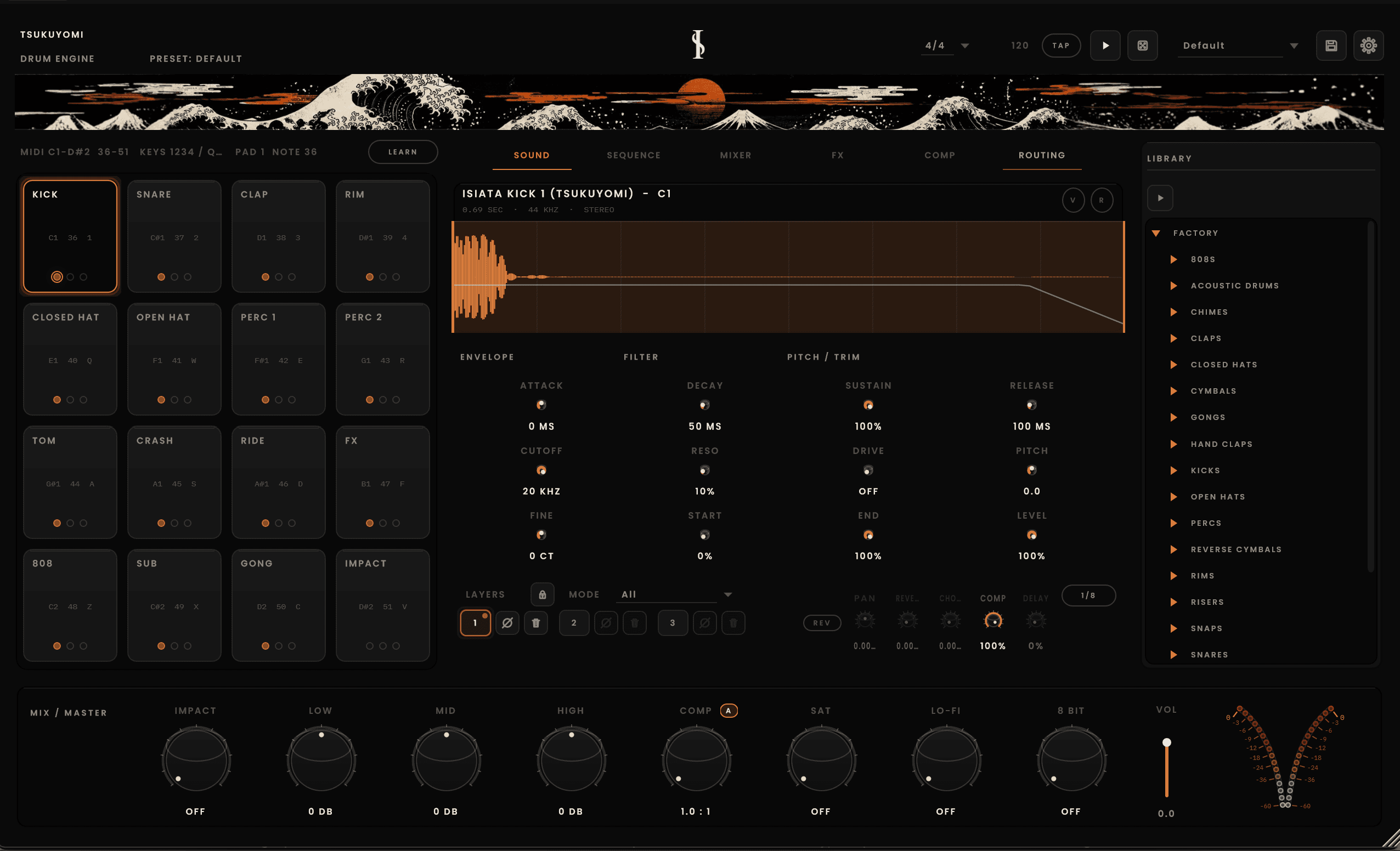 Tsukuyomi Drum Engine main instrument interface with pads, controls, and sequencer