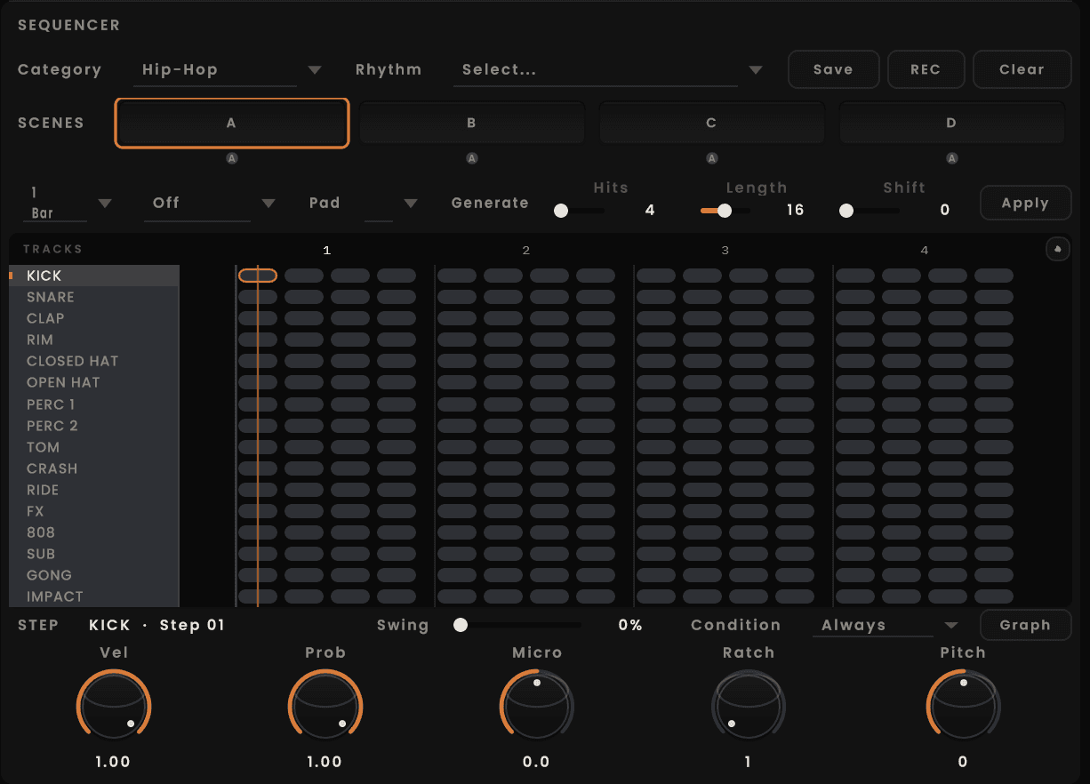 Tsukuyomi Drum Engine step sequencer showing a programmed drum pattern